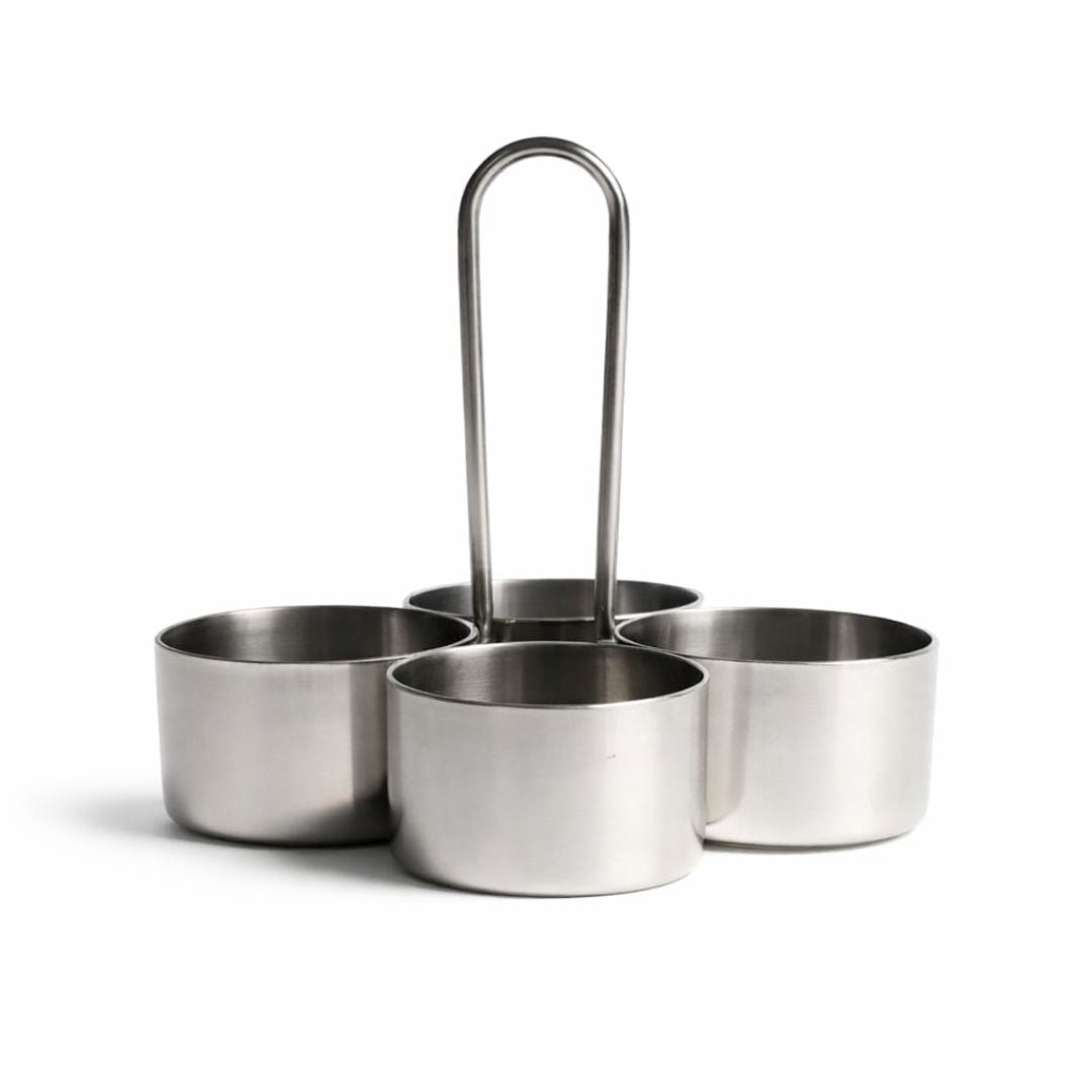 Soporte Chowmukh para Haldi y Kumkum – Acero | Haldi Kumkum Rice Holder Steel Cokda (Chowmukh)