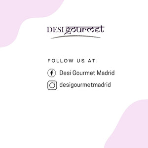 Desi Gourmet logo with social media handles on a white and pink background. Text overlay: 'Desi Gourmet - Follow us at: Facebook: Desi Gourmet Madrid, Instagram: desigourmetmadrid.' Keywords: Desi Gourmet, social media handles, Indian store in Madrid.
