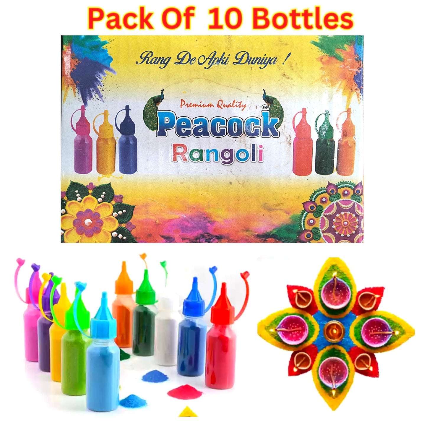 Rangoli Color Powder | Rangoli Multicolor in Special Squeeze Bottles (10bottles) 1kg Peacock