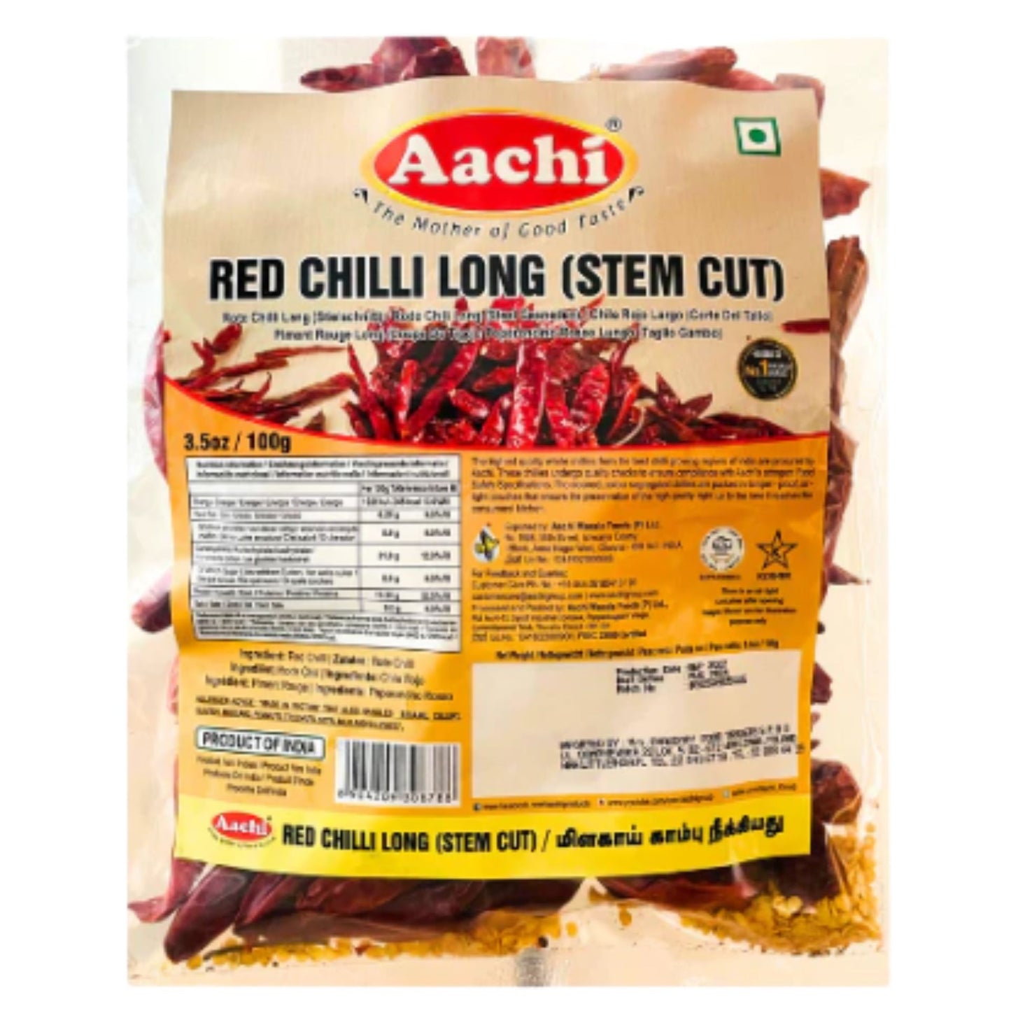 Chiles Rojos Enteros | Red Long Chilli Whole (W/O Stem) 100g Aachi