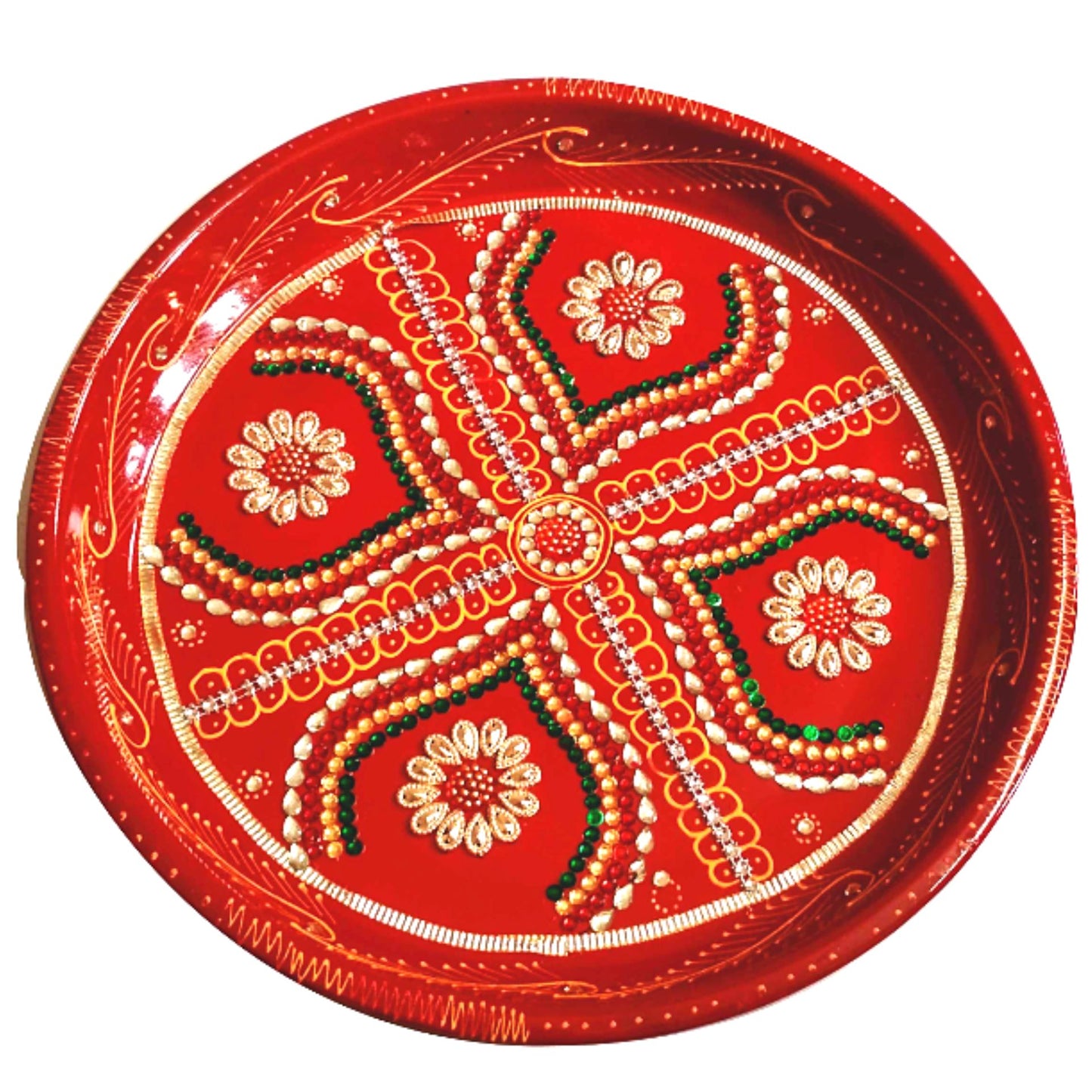 Decorative Plate for Pooja | Red Colored Decorated Thali For Pooja (Big)