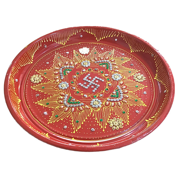 Decorative Plate for Pooja | Red Colored Decorated Thali For Pooja (Big)
