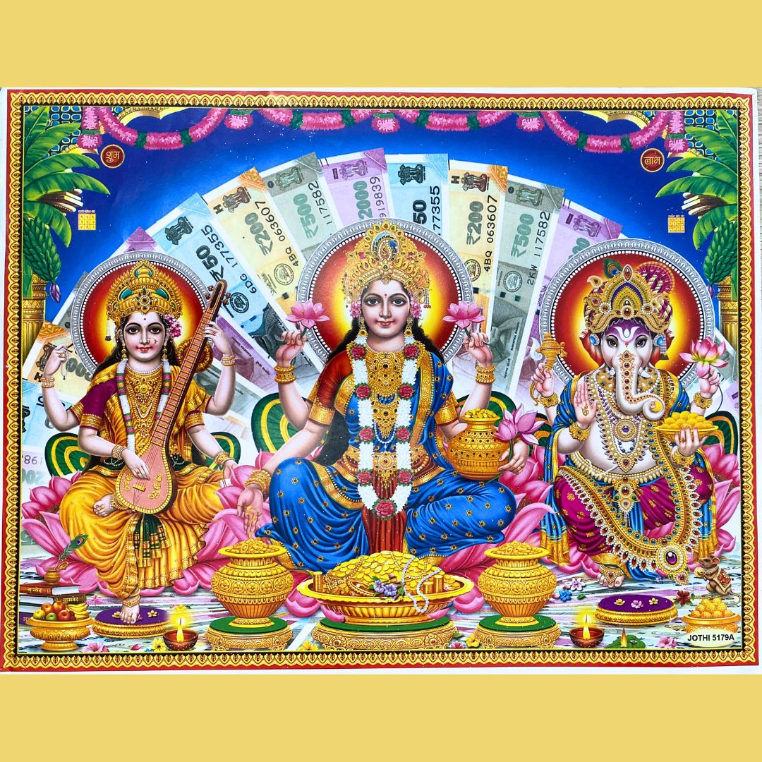 Lakshmi, Ganesha and Saraswati, a Poster | Lakshmi, Ganesha & Saraswati with shubh labh, a Poster