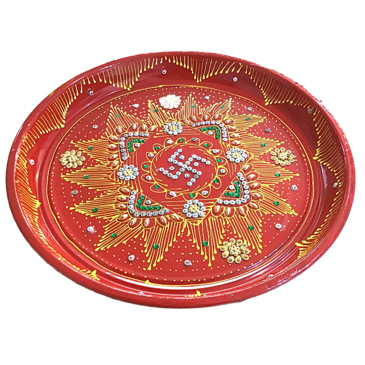 Decorative Plate for Pooja | Red Colored Decorated Thali For Pooja (Big)