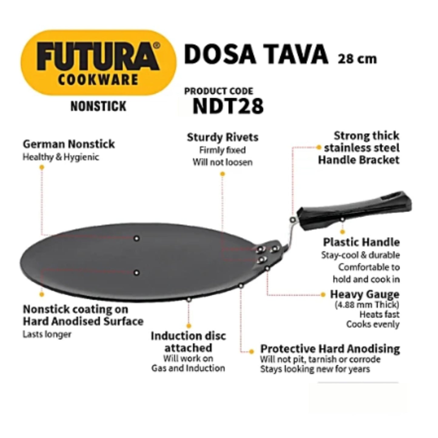 Plancha antiadherente aluminio | Non Stick Hard Anodised Gas Base Dosa Tawa, 4.88 thick Futura NDT28