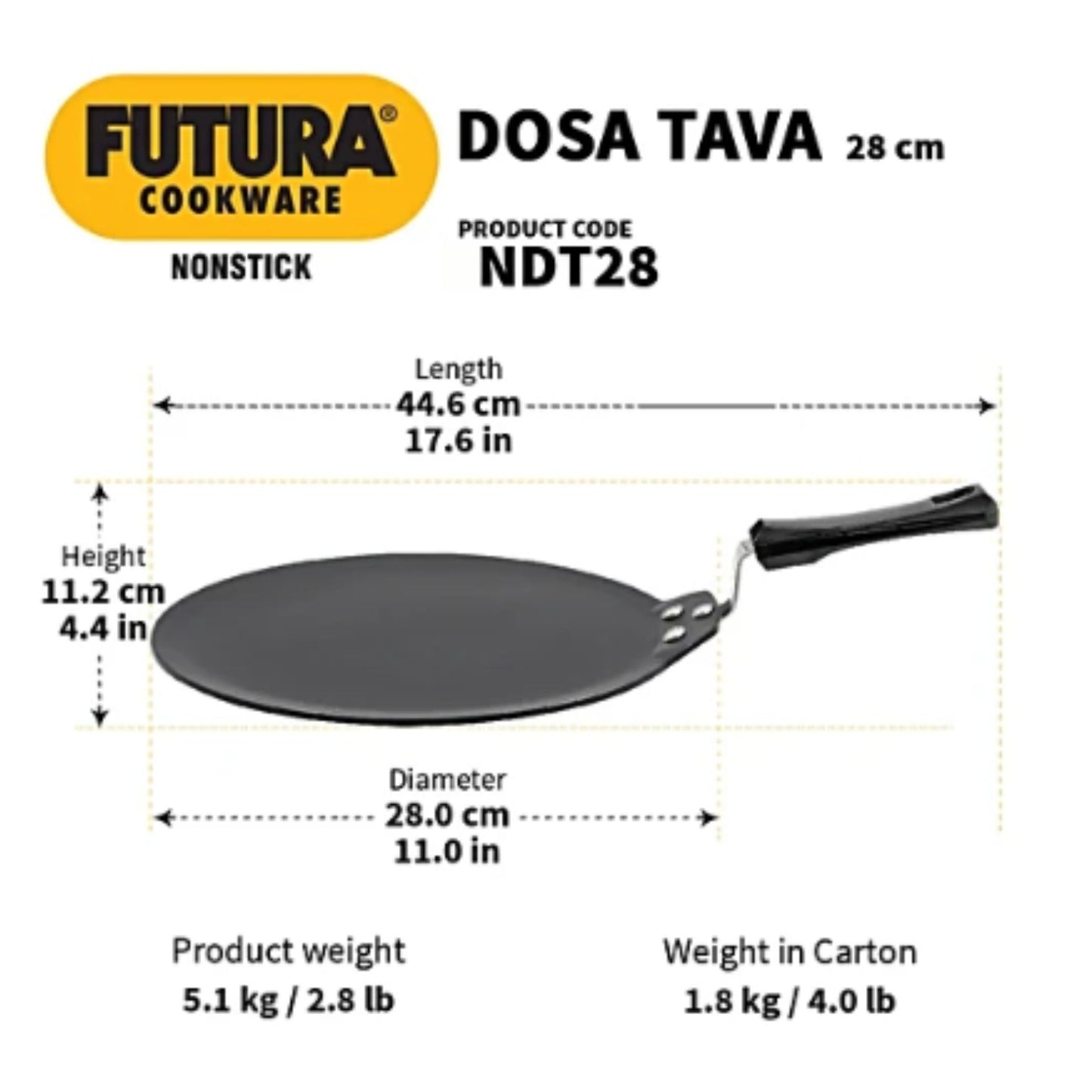 Plancha antiadherente aluminio | Non Stick Hard Anodised Gas Base Dosa Tawa, 4.88 thick Futura NDT28
