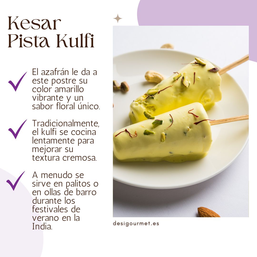 El azafrán le da a este postre su color amarillo vibrante y un sabor floral único.
Tradicionalmente, el kulfi se cocina lentamente para mejorar su textura cremosa.
A menudo se sirve en palitos o en ollas de barro durante los festivales de verano en la India.