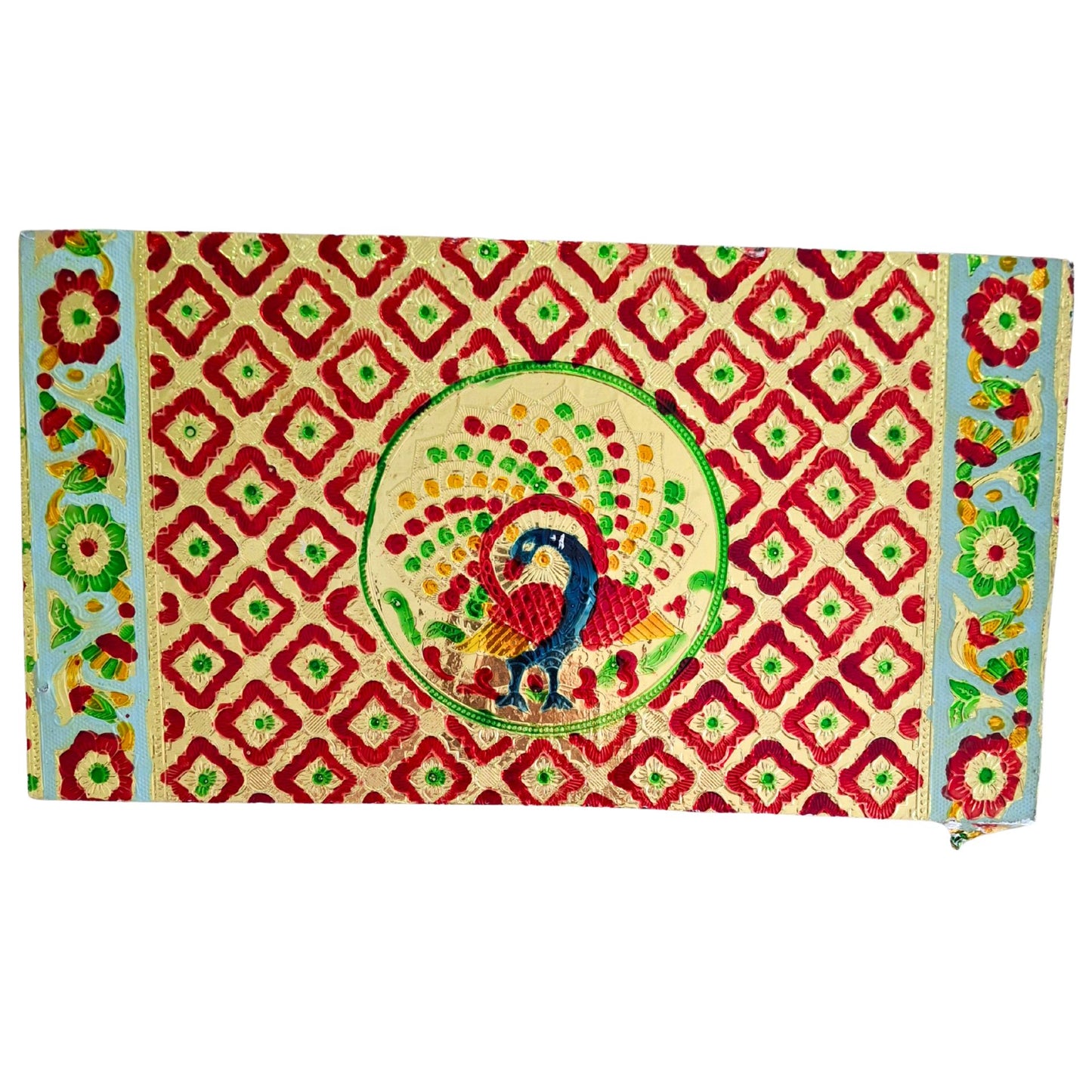 Chowki de madera para puja con forma de rectángulo dorado | Golden Rectangle Wooden Chowki for Pooja