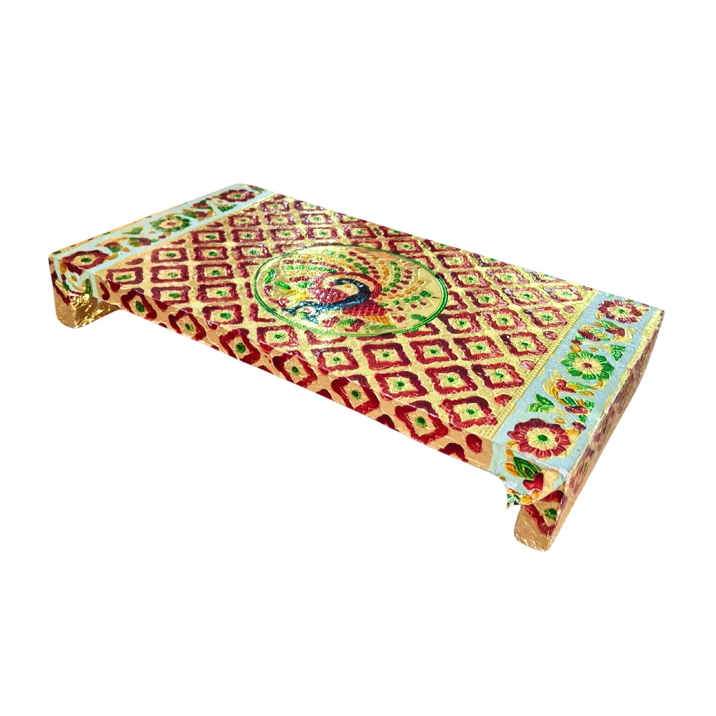 Chowki de madera para puja con forma de rectángulo dorado | Golden Rectangle Wooden Chowki for Pooja