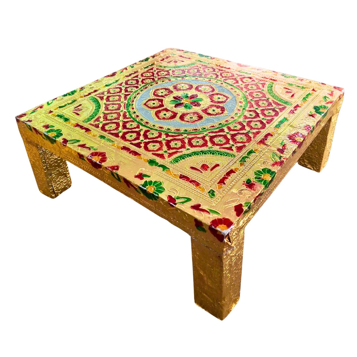 Chowki de madera para puja con forma de cuadrado dorado | Golden Square Wooden Chowki for Pooja
