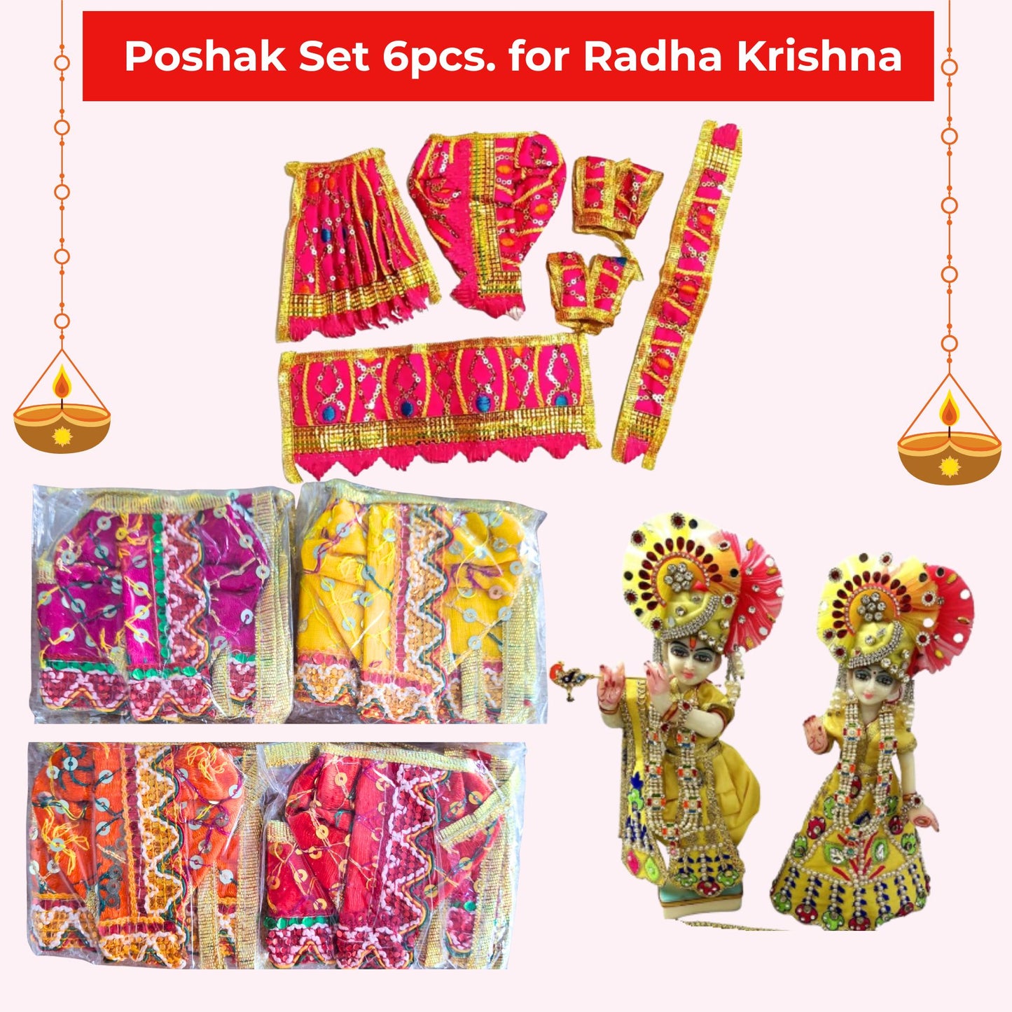 Vestido de Radha Krishna de dios | Radha Krishna 6pcs. Poshak Set in Multicolour (S) in size