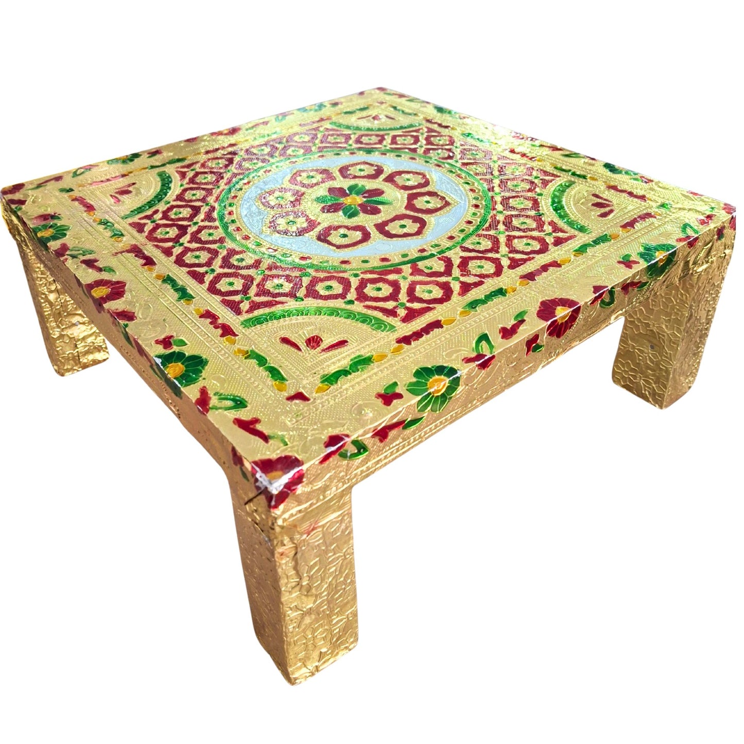 Chowki de madera para puja con forma de cuadrado dorado | Golden Square Wooden Chowki for Pooja