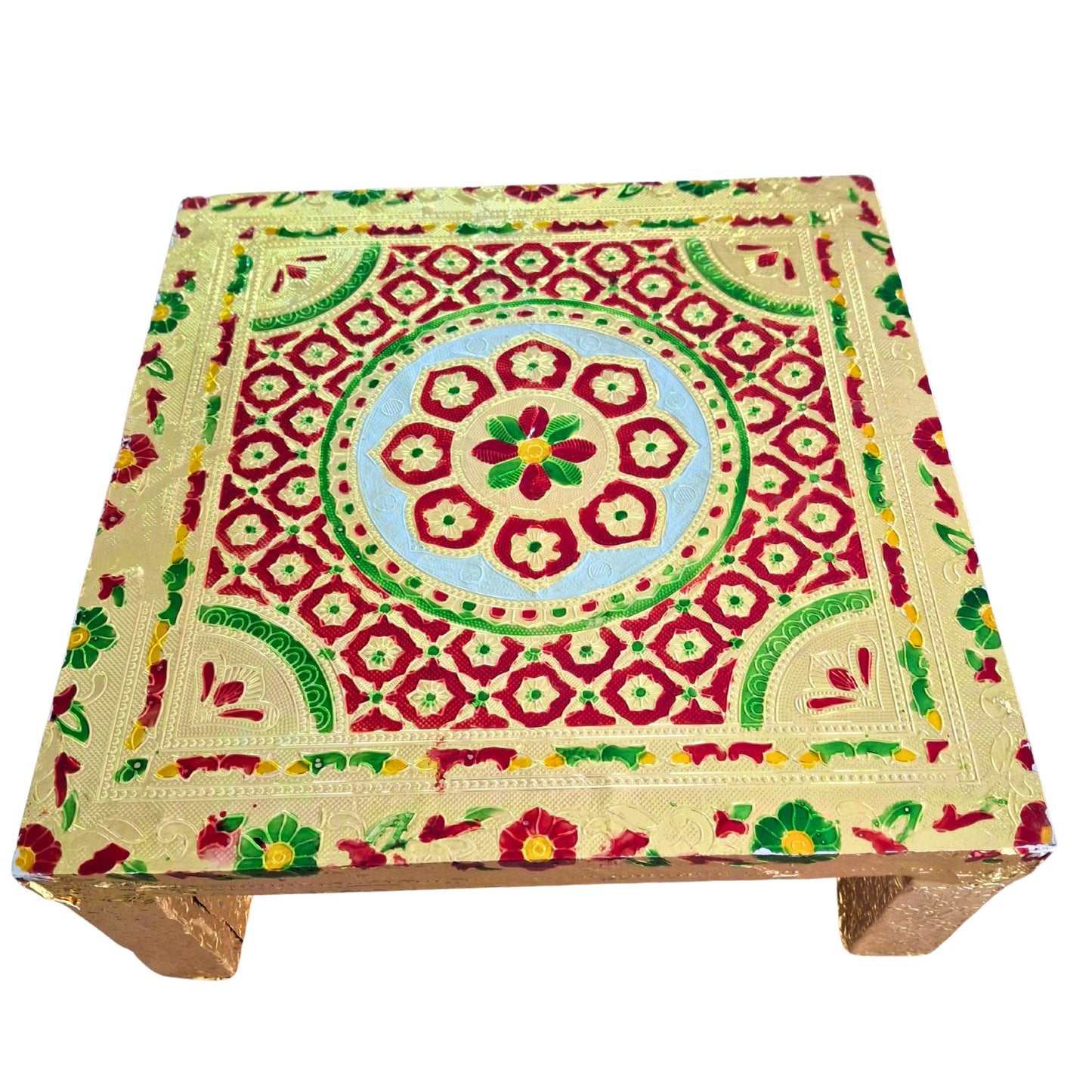 Chowki de madera para puja con forma de cuadrado dorado | Golden Square Wooden Chowki for Pooja