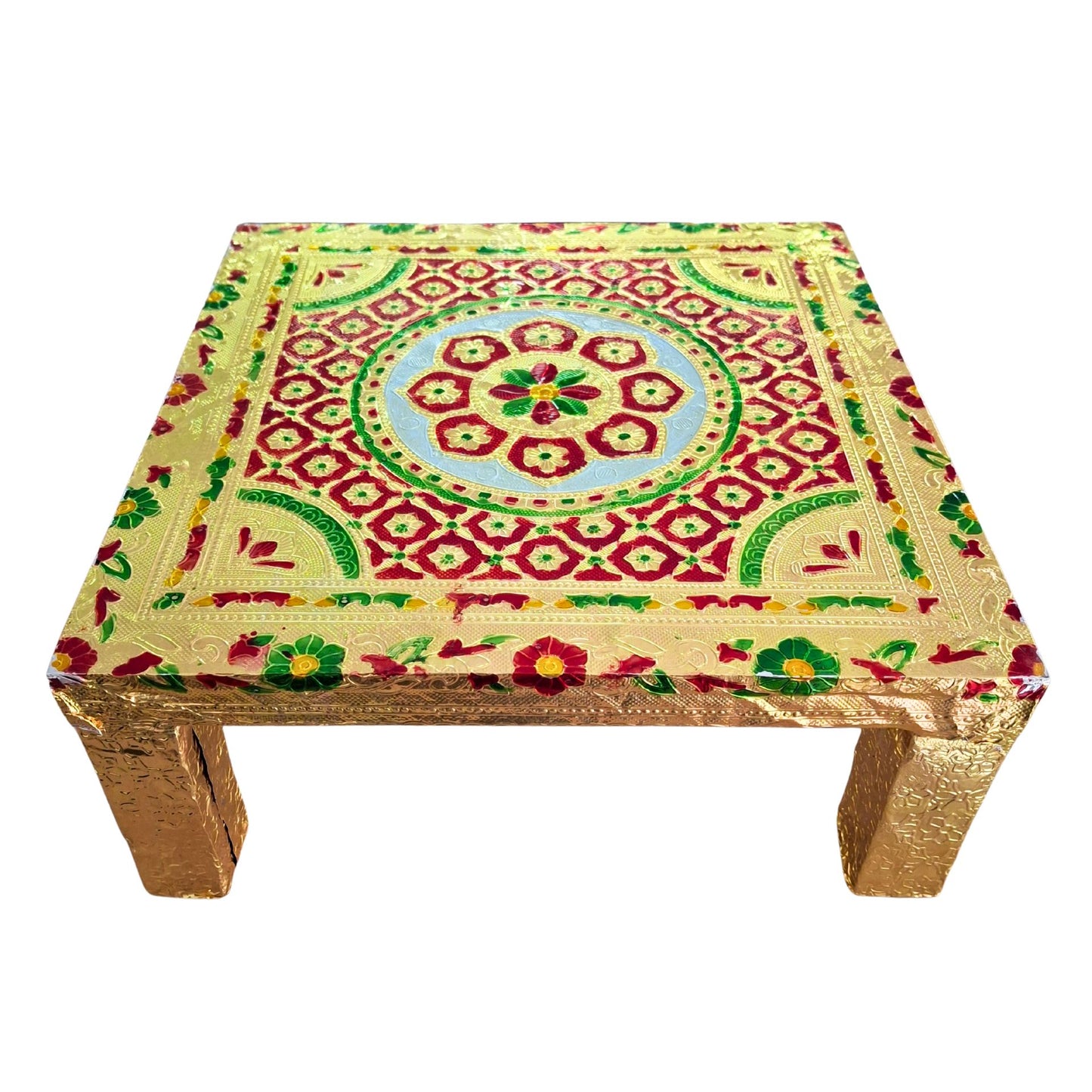Chowki de madera para puja con forma de cuadrado dorado | Golden Square Wooden Chowki for Pooja