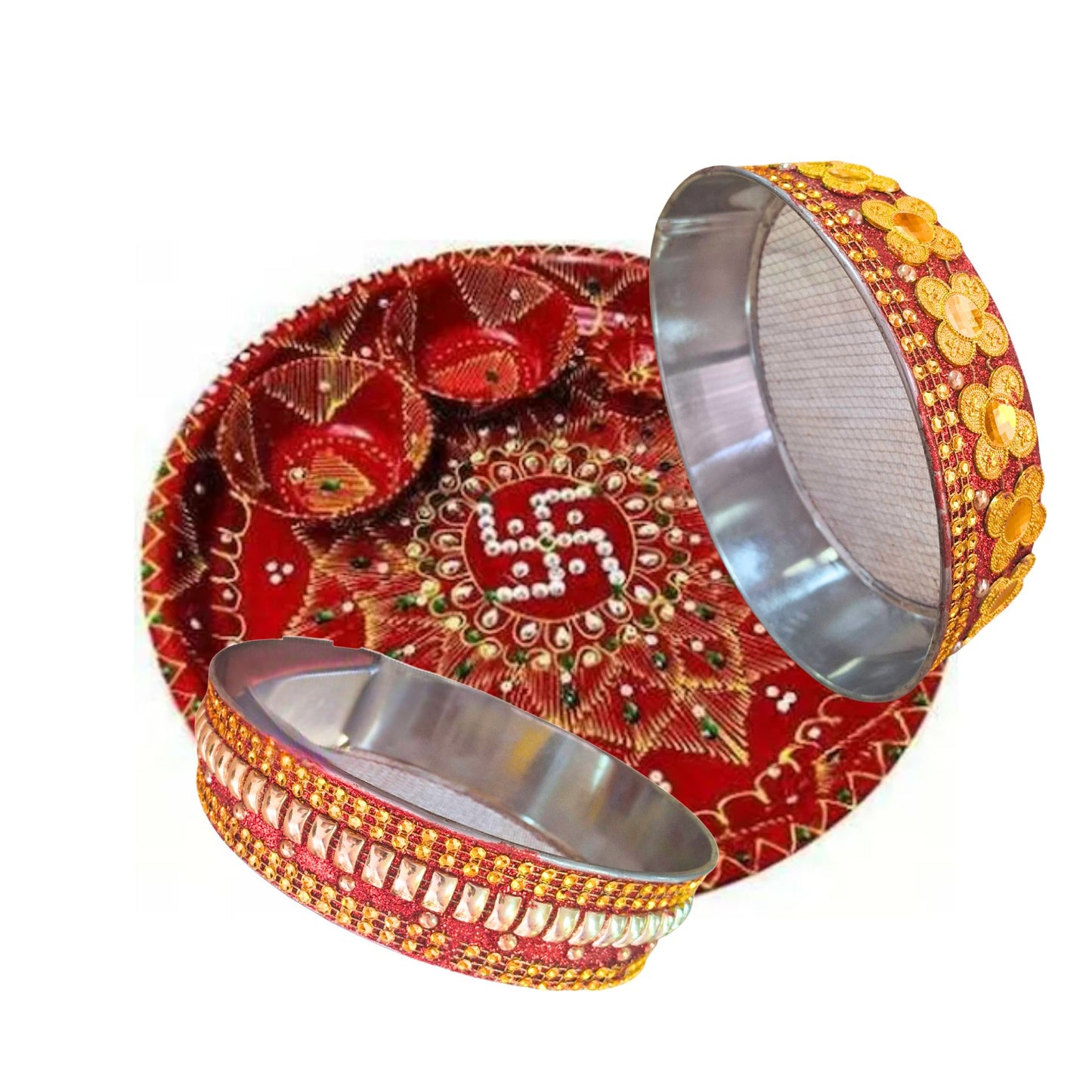 Tamiz para Karwa Chauth pooja | Karwa Chauth Stainless Steel Channi/ Chalni (Red) 1 pcs.