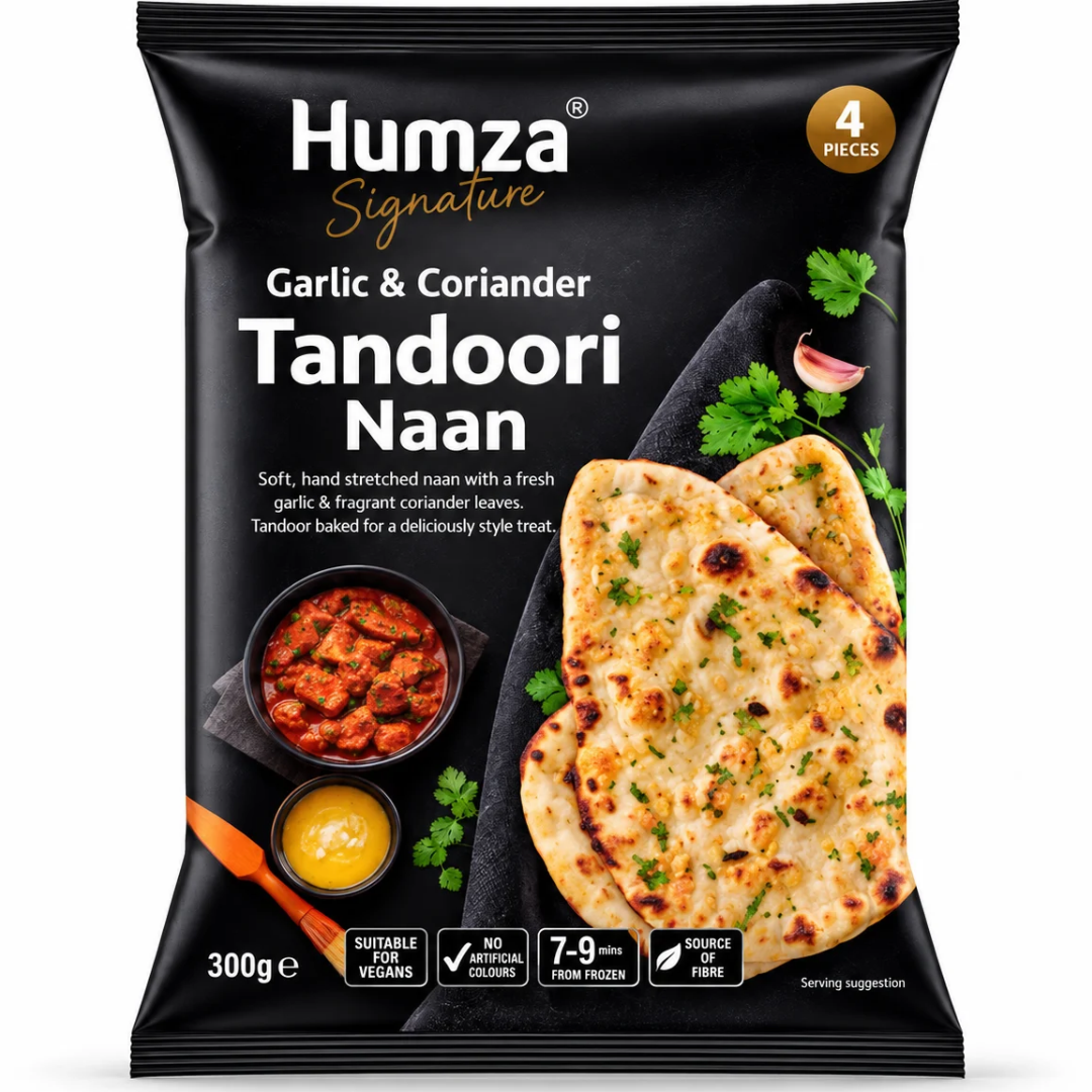 Pan de Naan al horno de ajo y cilantro (Congelado) | Tandoori Garlic & Coriander Naan 300g/4pcs. Humza (Frozen)