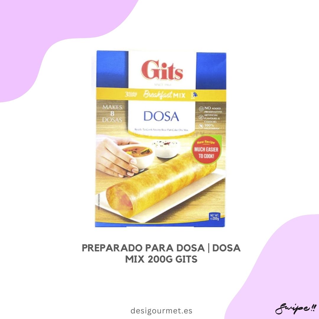 :Preparado para Dosa Gits, paquete de 200g, simplifica la preparación de un crujiente dosa con auténticos sabores indios.