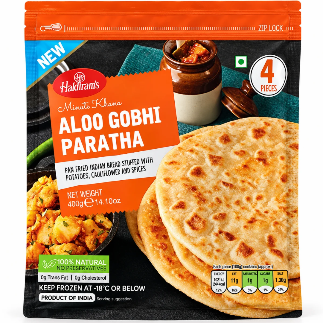 Pan relleno de Patata y Coliflor con especias (Congelado) | Aloo Gobhi Paratha 400g/4pcs. Haldiram (Frozen) (Copy)