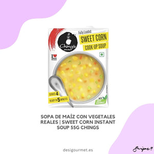 Ching's Sweet Corn Instant Soup 55g pack serves 4 and is ready in 5 minutes.