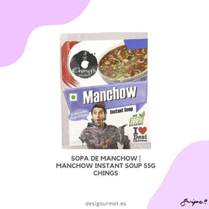 Packet of Ching's Manchow Instant Soup. Text overlay: 'Sopa de Manchow | Manchow Instant Soup 55g Ching's.' Keywords: Manchow soup, Ching's Secret, instant soup, Indian store in Madrid.