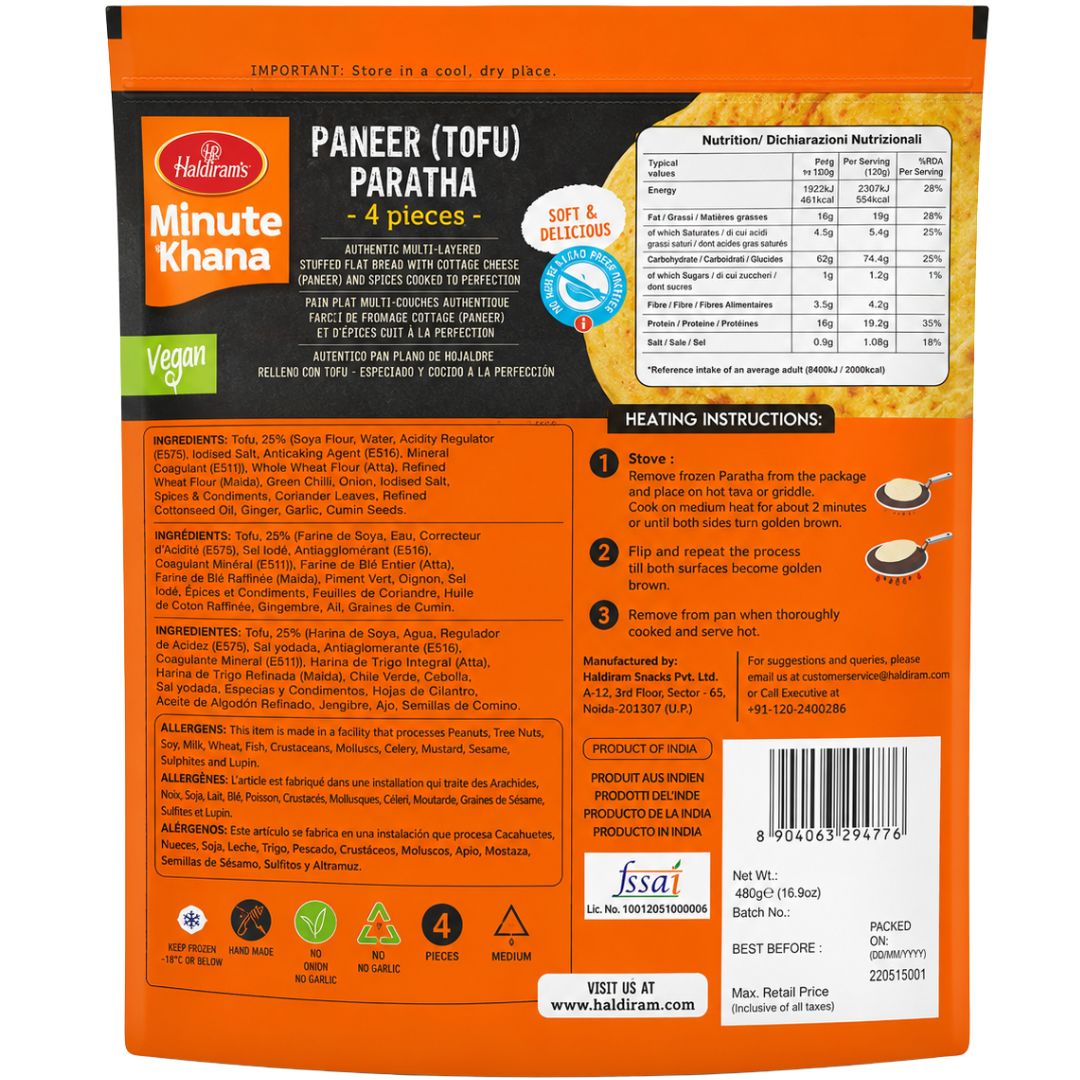 Pan relleno de Queso Fresco con especias (Congelado) | Paneer (Tofu) Paratha 400g/4pcs. Haldiram's (Frozen)