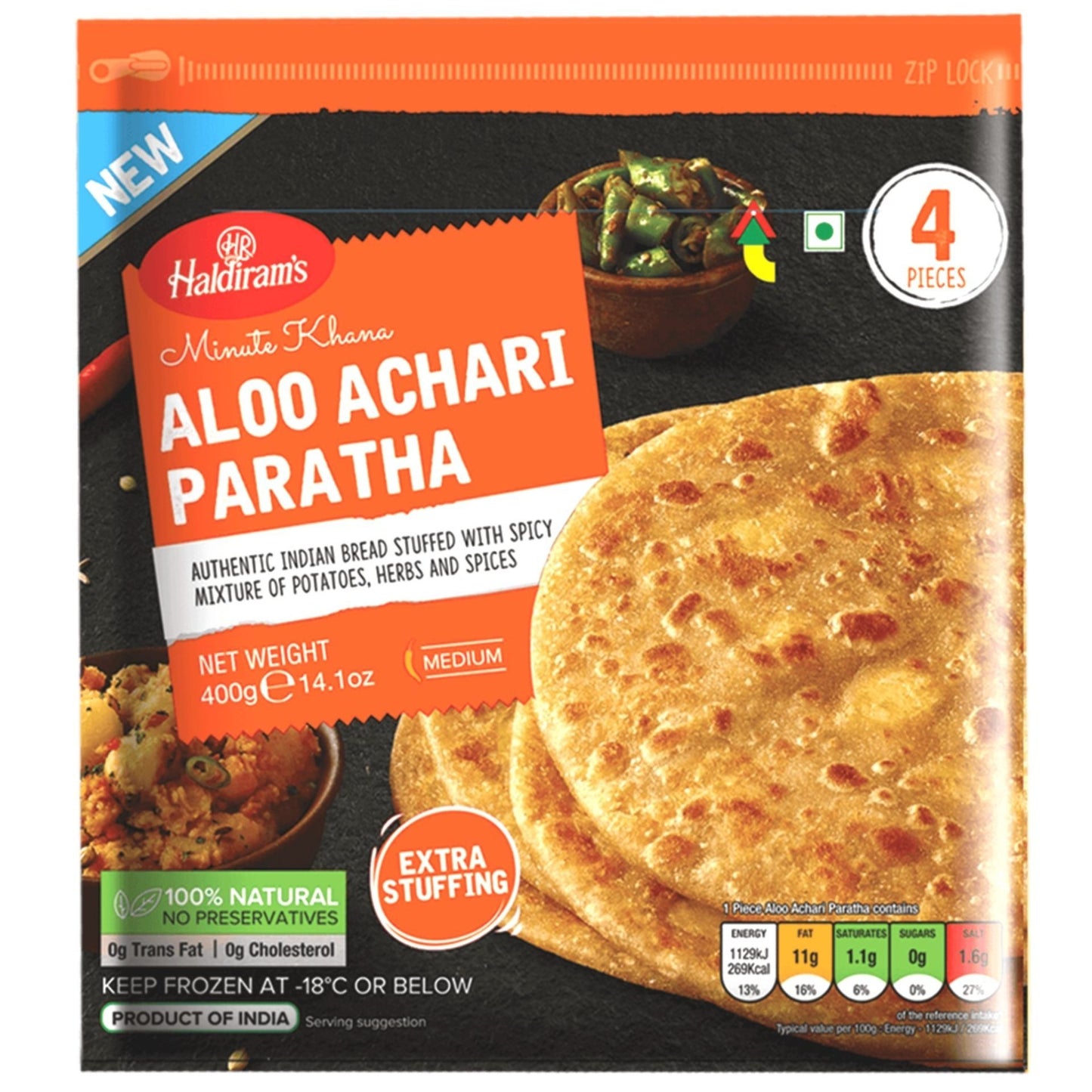 Pan relleno de Patata estofada con hierbas y Especias | Aloo Achari Paratha (Frozen) 400g/4pcs. Haldiram's
