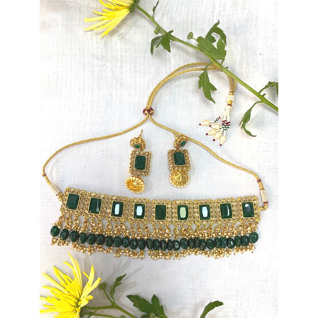 Designer Artificial Jewelry | Desirable Green-Colored Artificial Stonework Bridal Necklace Set