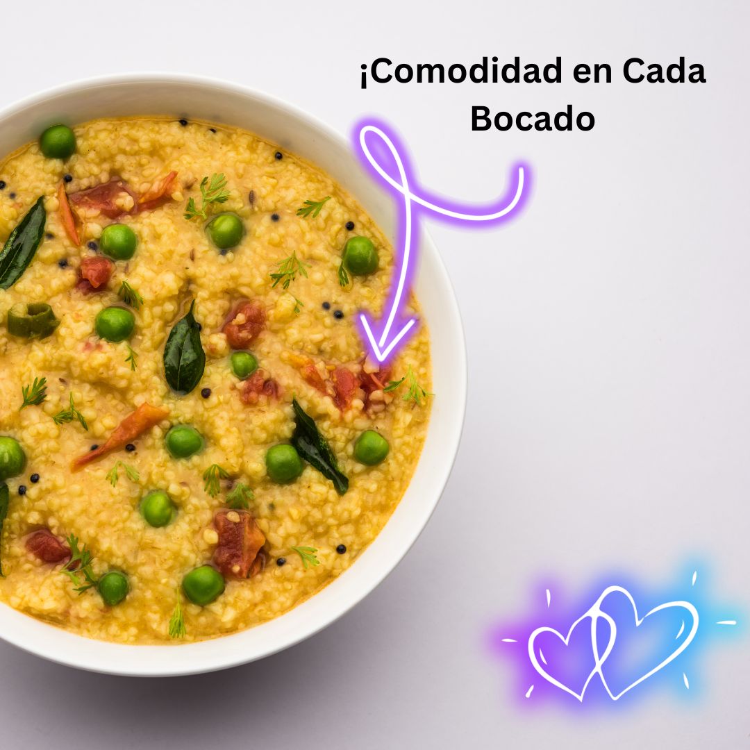 "A comforting bowl of Dal Khichdi, a classic Indian dish made with lentils and rice, garnished with peas and fresh herbs for a wholesome meal."