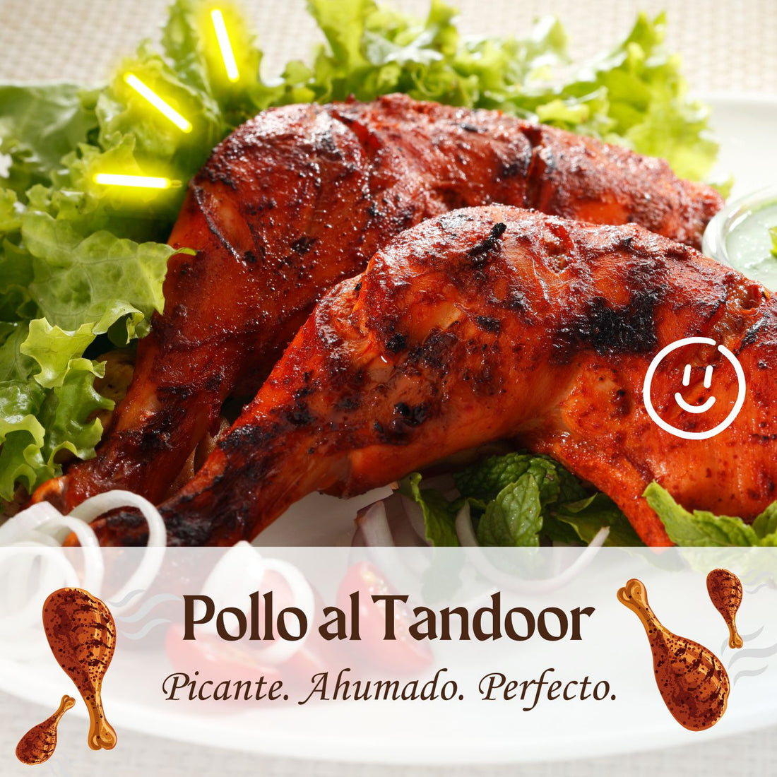 Pollo al Tandoor_Juicy, spiced Tandoori Chicken legs grilled to perfection, served with fresh salad greens, embodying the essence of traditional Indian cuisine.
