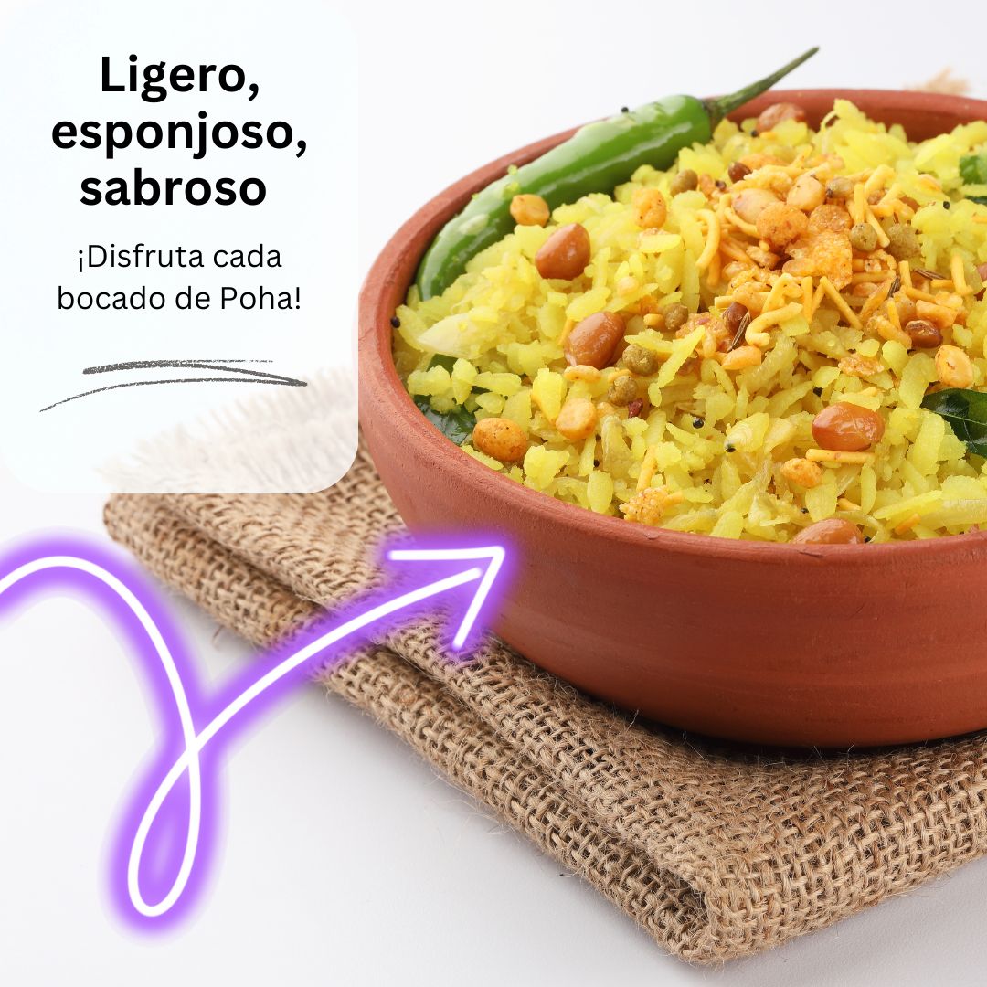 Poha: A bowl of light and fluffy Poha garnished with peanuts and green chilies, a popular and nutritious Indian breakfast dish made with flattened rice.