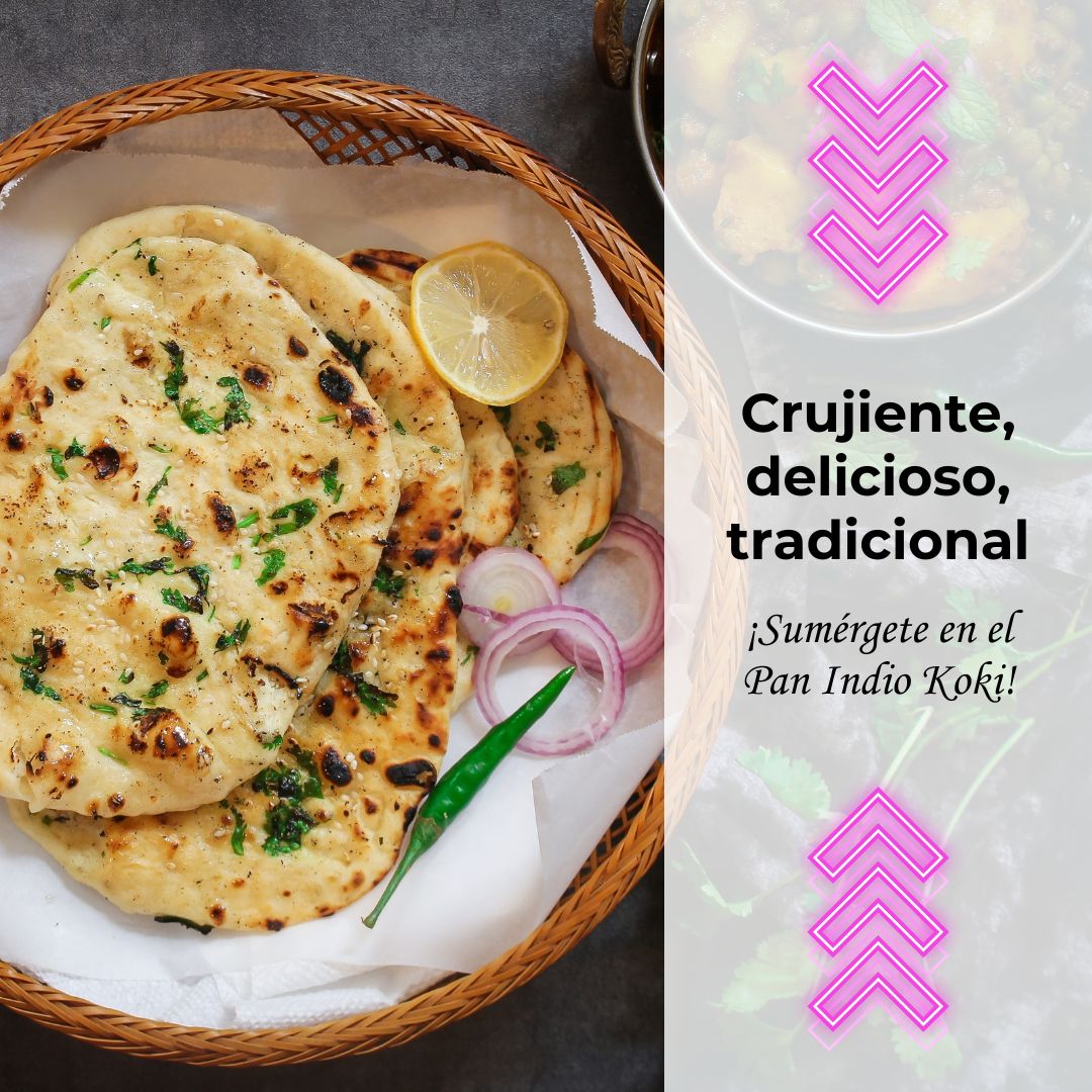 Koki: Freshly made Pan Indio Koki, garnished with herbs and lemon, a traditional Indian bread that’s crispy on the outside and soft inside.