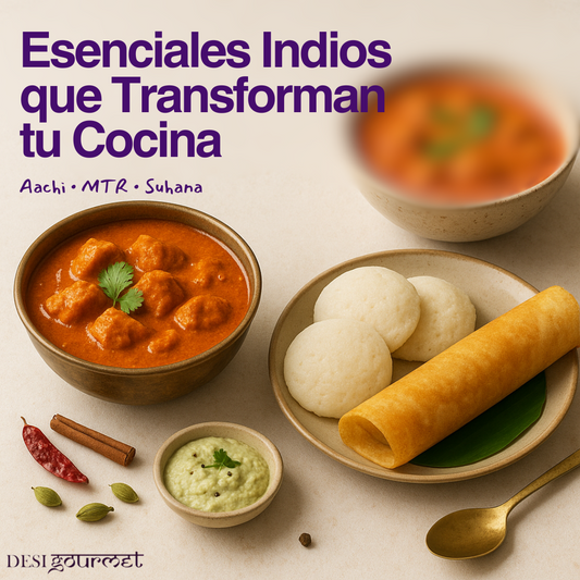 Platos indios con curry, idli y dosa usando productos Aachi, MTR y Suhana de Desi Gourmet