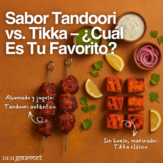 Plato con brochetas de pollo tandoori, paneer tikka, chutneys, rodajas de limón y cilantro sobre fondo terracota.