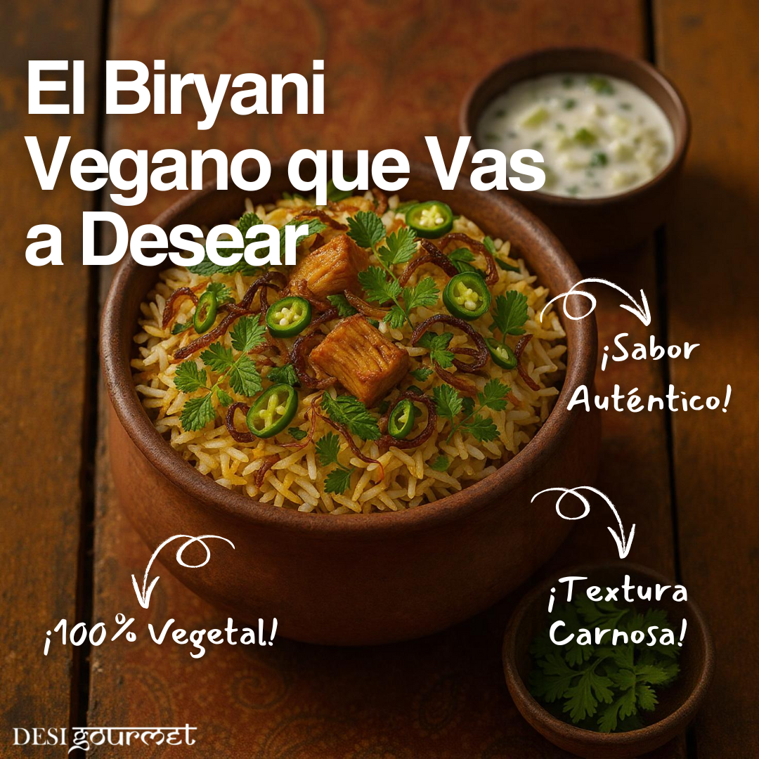 Biryani vegano servido en bol de barro, decorado con jackfruit, cilantro, chiles verdes y cebolla frita crujiente.
