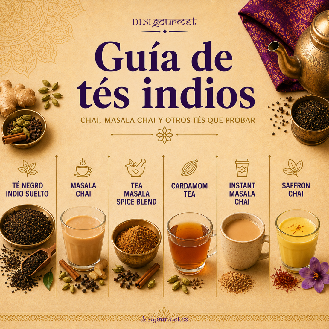 guía de tés indios con diferentes tipos de chai como té negro, masala chai, cardamom tea, instant chai y saffron chai sobre fondo beige cálido con estilo elegante desi-gourmet