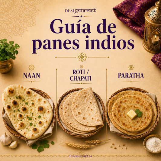 guía de panes indios con naan, roti/chapati y paratha sobre fondo beige cálido con estilo elegante desi-gourmet