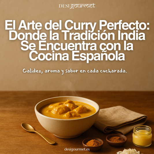 Cuenco de curry indio cremoso con especias Desi Gourmet sobre mesa cálida estilo editorial.