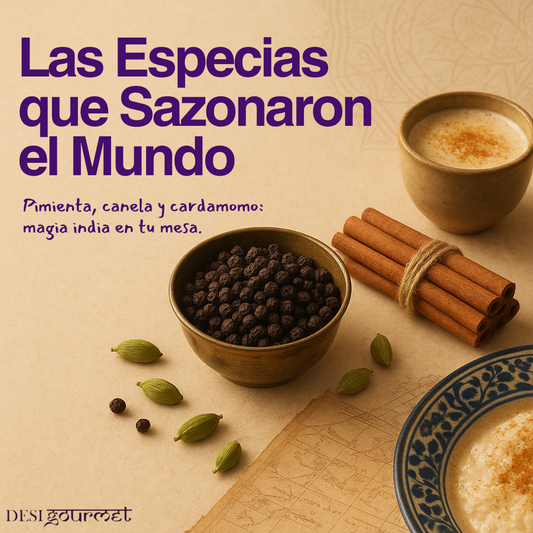 Pimienta, canela y cardamomo indio en la mesa Desi Gourmet