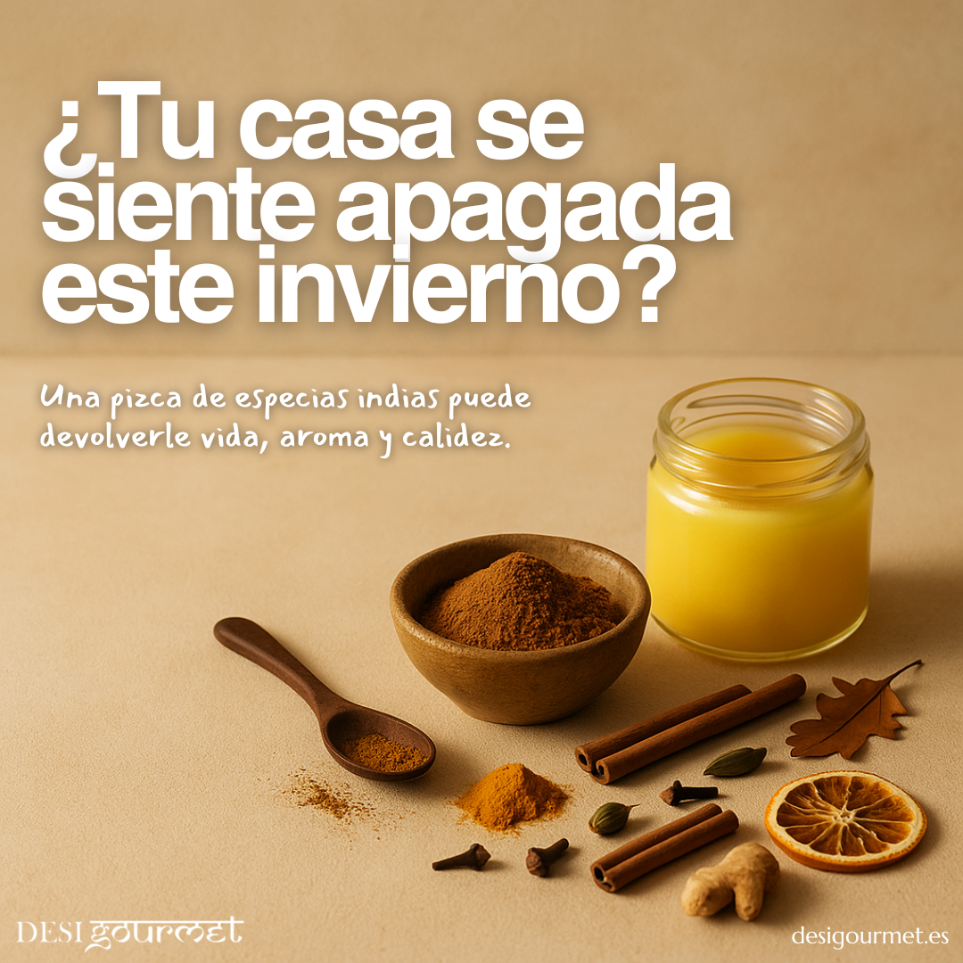 Especias indias, garam masala y ghee sobre fondo cálido para aromatizar el hogar en invierno