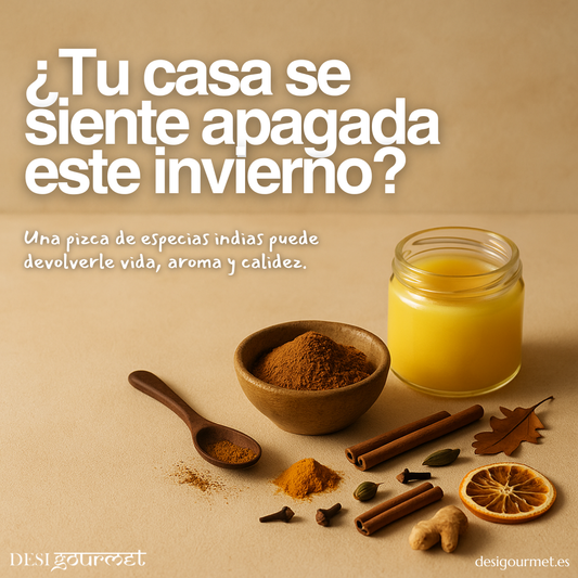 Especias indias, garam masala y ghee sobre fondo cálido para aromatizar el hogar en invierno
