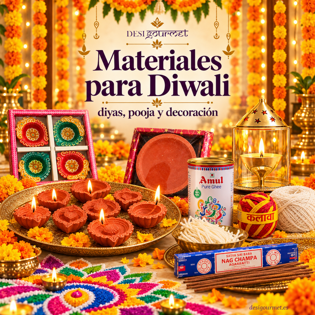 Materiales para Diwali: diyas, pooja y decoración