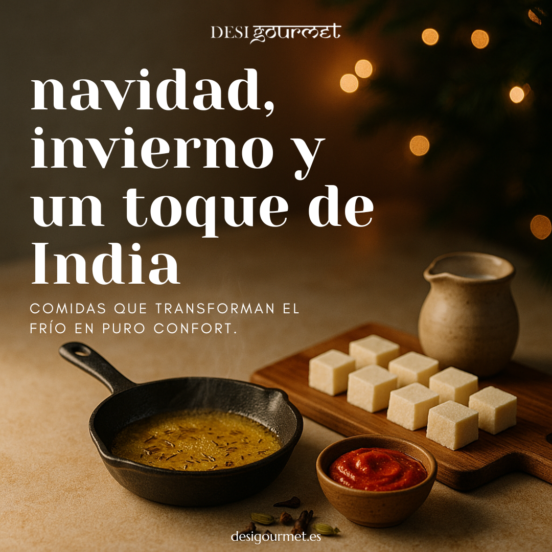 Mesa navideña con comida india cálida: curry especiado, chutney y dulces, fotografía editorial Desi Gourmet.