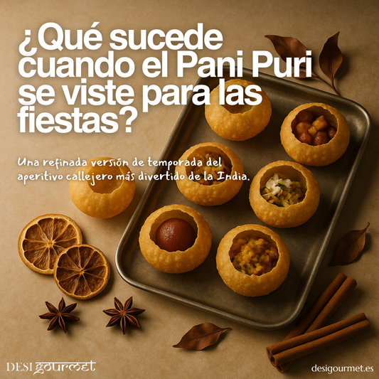 Pani puri festivo con rellenos de temporada sobre bandeja, estilo editorial invierno, fotografía de Desi Gourmet.