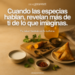 Especias indias sobre fondo oscuro con cúrcuma, chile y cardamomo en estilo editorial Desi Gourmet.