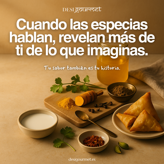 Especias indias sobre fondo oscuro con cúrcuma, chile y cardamomo en estilo editorial Desi Gourmet.