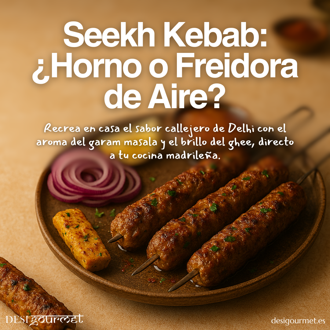 Seekh kebab indio servido con cebolla y especias Desi Gourmet