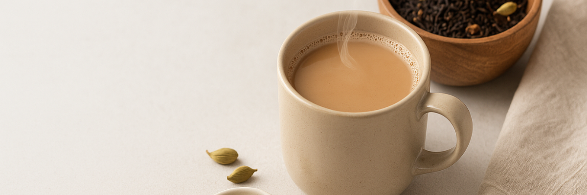 A variety of Indian teas including Tata Tea Elaichi Chai, Tata Tea Gold, and Brooke Bond Red Label displayed with aromatic spices like cinnamon, star anise, and cardamom.