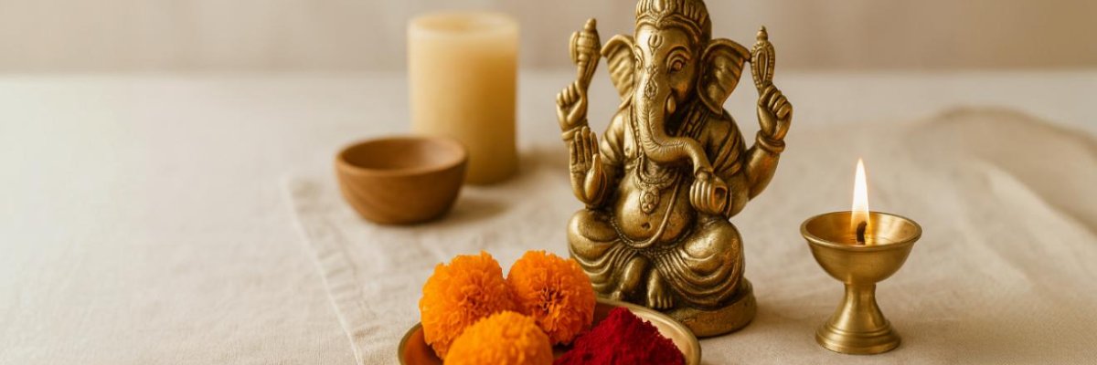 A collection of Indian pooja items including a brass aarti plate with flowers, diya, and kalash, accompanied by statues of Lord Krishna, Goddess Lakshmi, and Lord Ganesha.