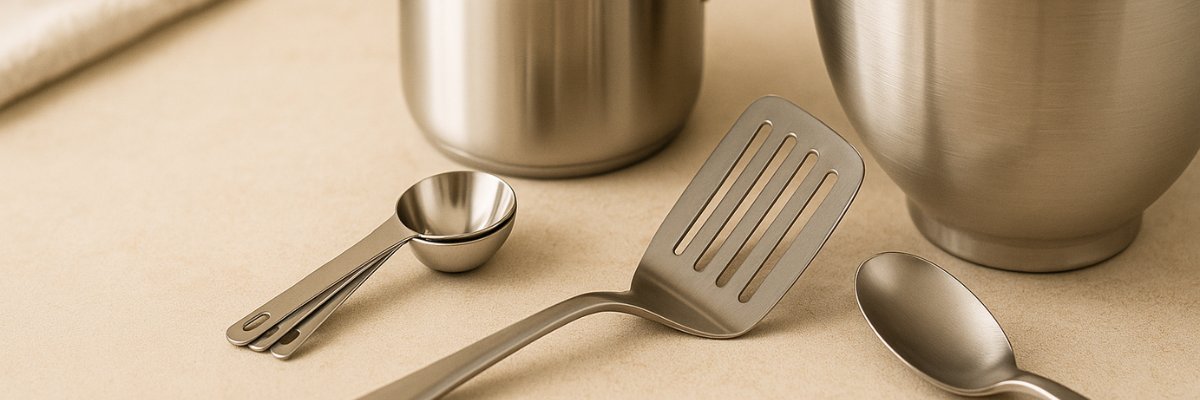 An assortment of traditional Indian kitchen utensils including a stainless steel lota, a copper handi, and a wooden kitchen spoon set.