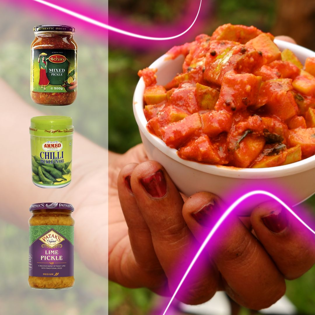 A bowl of traditional Indian mixed pickles with jars of Schani Mixed Pickle, Ahmed Chilli Pickle in Oil, and Patak's Lime Pickle.